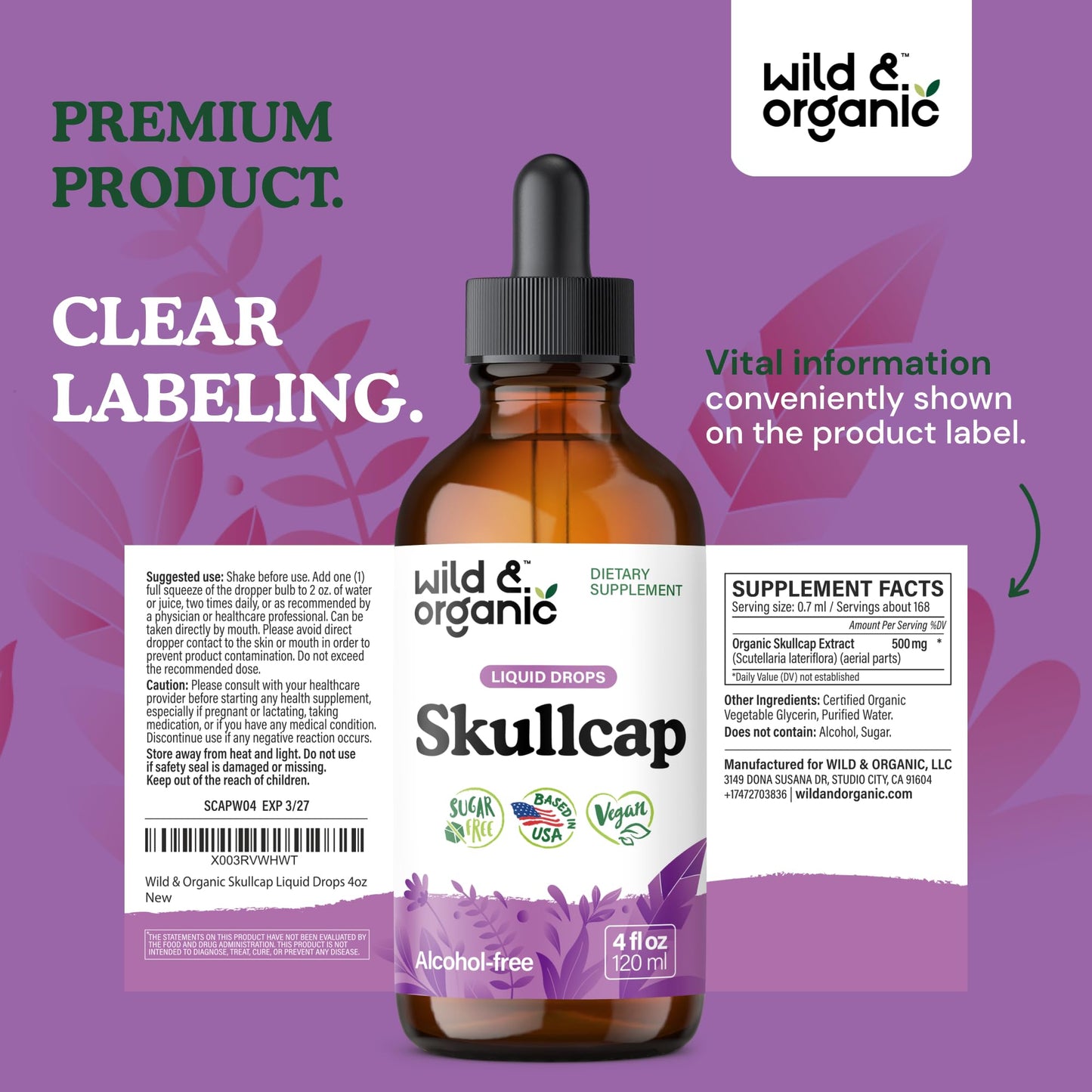 Wild & Organic Skullcap Herb Tincture - Skullcap Supplement for Mood Support - Relaxing Liquid Extract Drops - Vegan, Sugar & Alcohol-Free - 4 fl oz - PrimeBioHealth - canada supplements