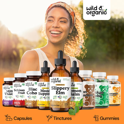 Wild & Organic Slippery Elm Liquid Drops - Lung, Digestive & Women's Support - Slippery Elm Bark Supplement - Add to Tea Tincture - Ulmus Rubra Herb - Vegan, Sugar & Alcohol-Free - 4 fl oz - PrimeBioHealth - canada supplements