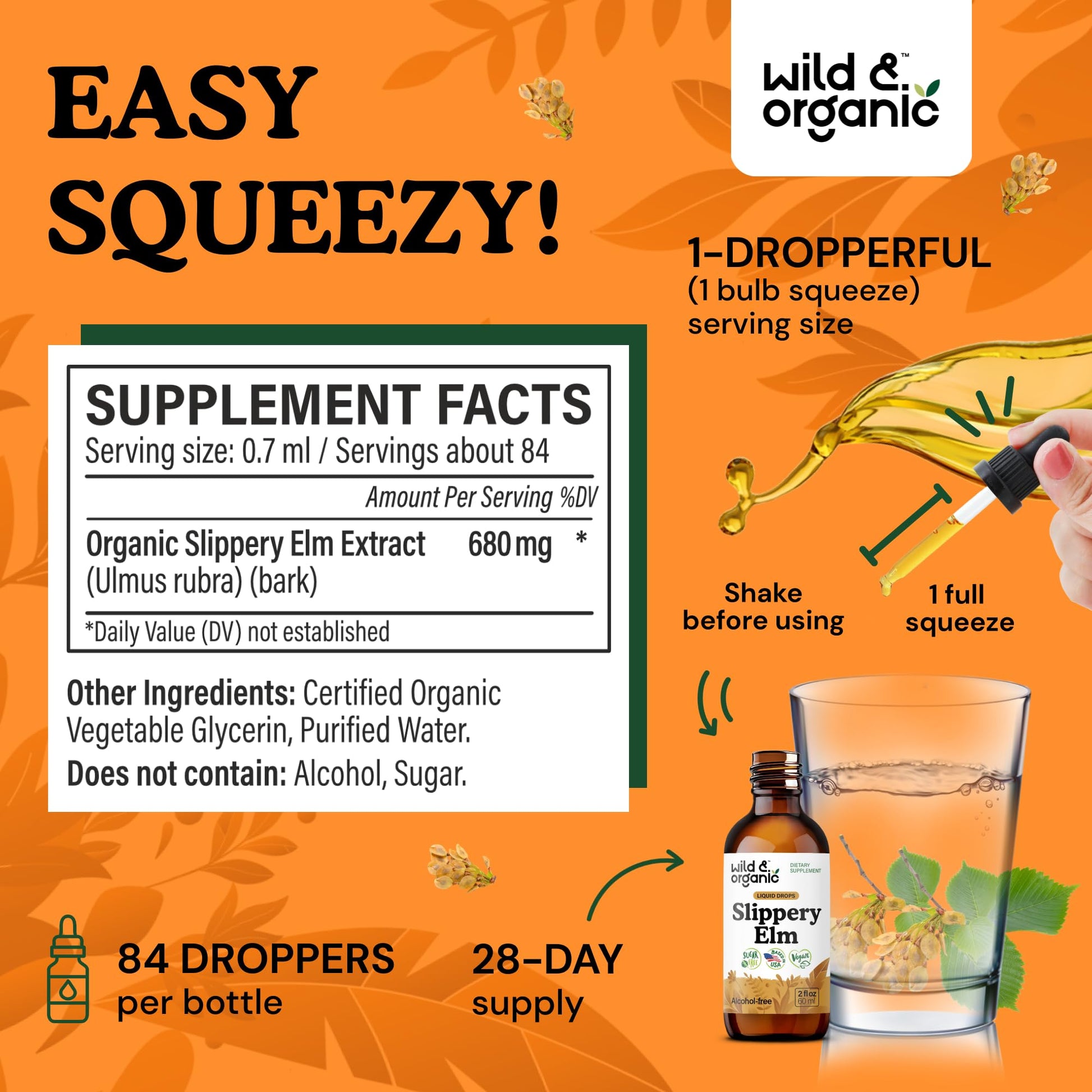 Wild & Organic Slippery Elm Liquid Drops - Lung, Digestive & Women's Support - Slippery Elm Bark Supplement - Add to Tea Tincture - Ulmus Rubra Herb - Vegan, Sugar & Alcohol-Free - 4 fl oz - PrimeBioHealth - canada supplements