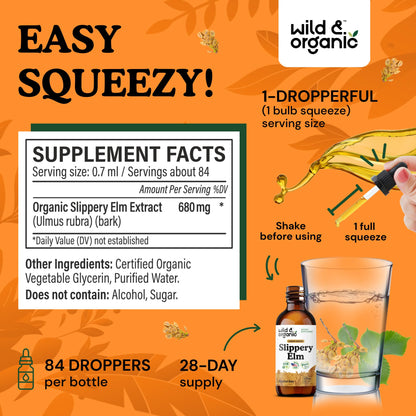 Wild & Organic Slippery Elm Liquid Drops - Lung, Digestive & Women's Support - Slippery Elm Bark Supplement - Add to Tea Tincture - Ulmus Rubra Herb - Vegan, Sugar & Alcohol-Free - 4 fl oz - PrimeBioHealth - canada supplements