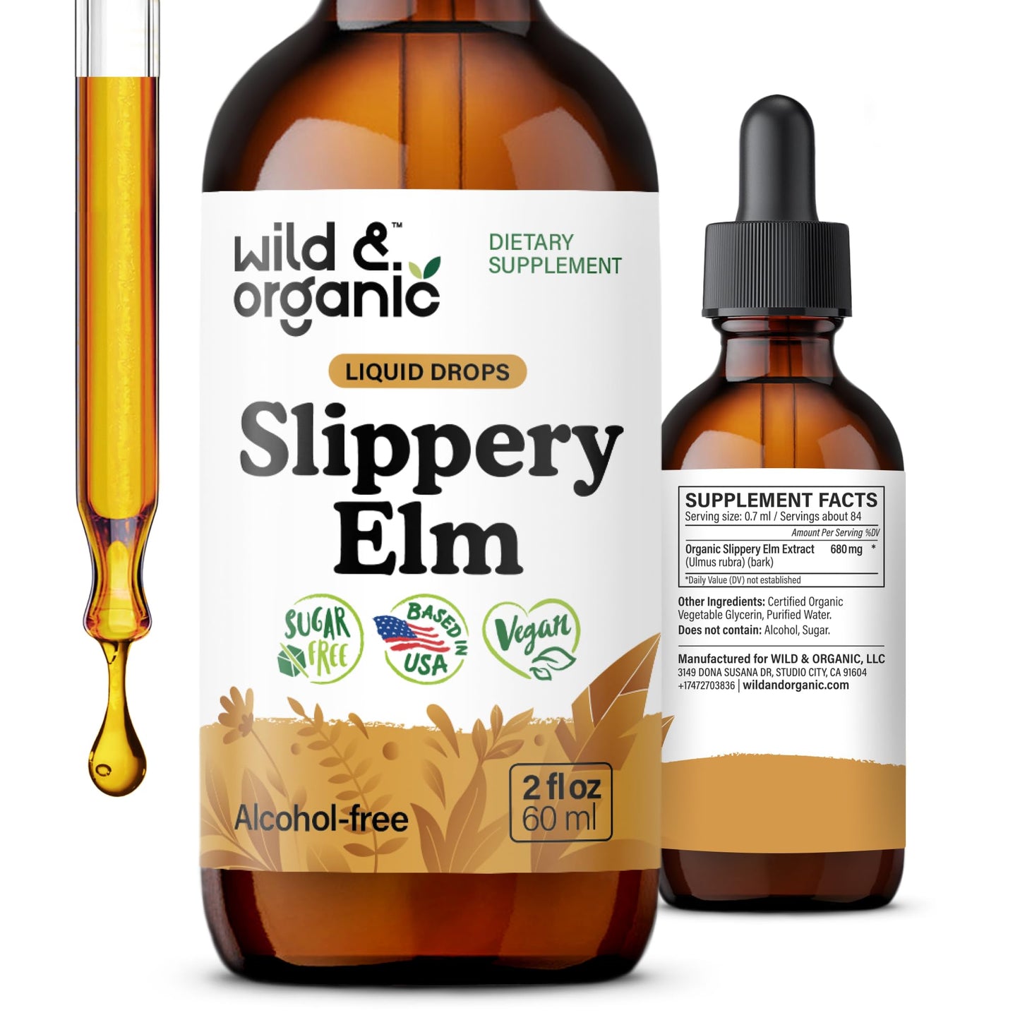 Wild & Organic Slippery Elm Liquid Drops - Lung, Digestive & Women's Support - Slippery Elm Bark Supplement - Add to Tea Tincture - Ulmus Rubra Herb - Vegan, Sugar & Alcohol-Free - 4 fl oz - PrimeBioHealth - canada supplements