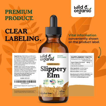 Wild & Organic Slippery Elm Liquid Drops - Lung, Digestive & Women's Support - Slippery Elm Bark Supplement - Add to Tea Tincture - Ulmus Rubra Herb - Vegan, Sugar & Alcohol-Free - 4 fl oz - PrimeBioHealth - canada supplements