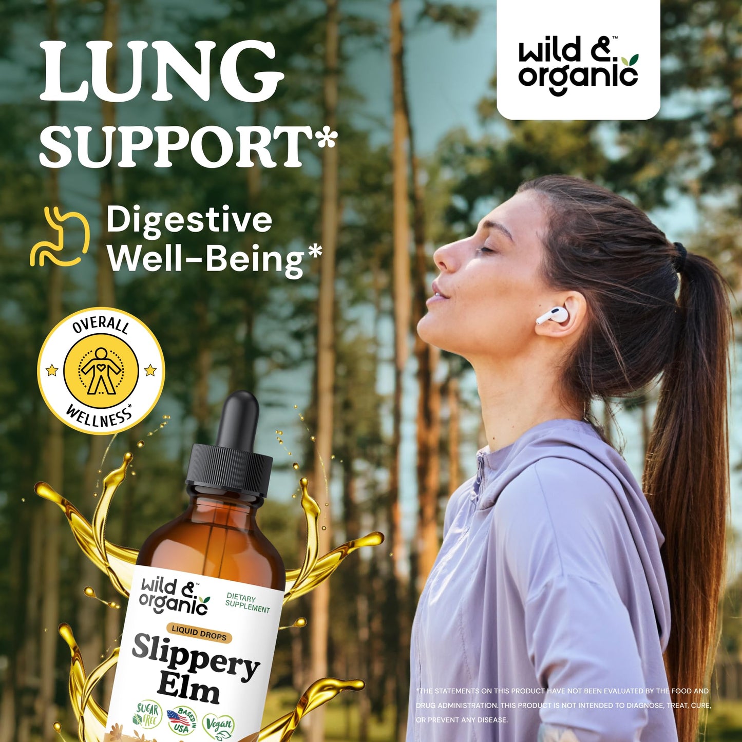 Wild & Organic Slippery Elm Liquid Drops - Lung, Digestive & Women's Support - Slippery Elm Bark Supplement - Add to Tea Tincture - Ulmus Rubra Herb - Vegan, Sugar & Alcohol-Free - 4 fl oz - PrimeBioHealth - canada supplements