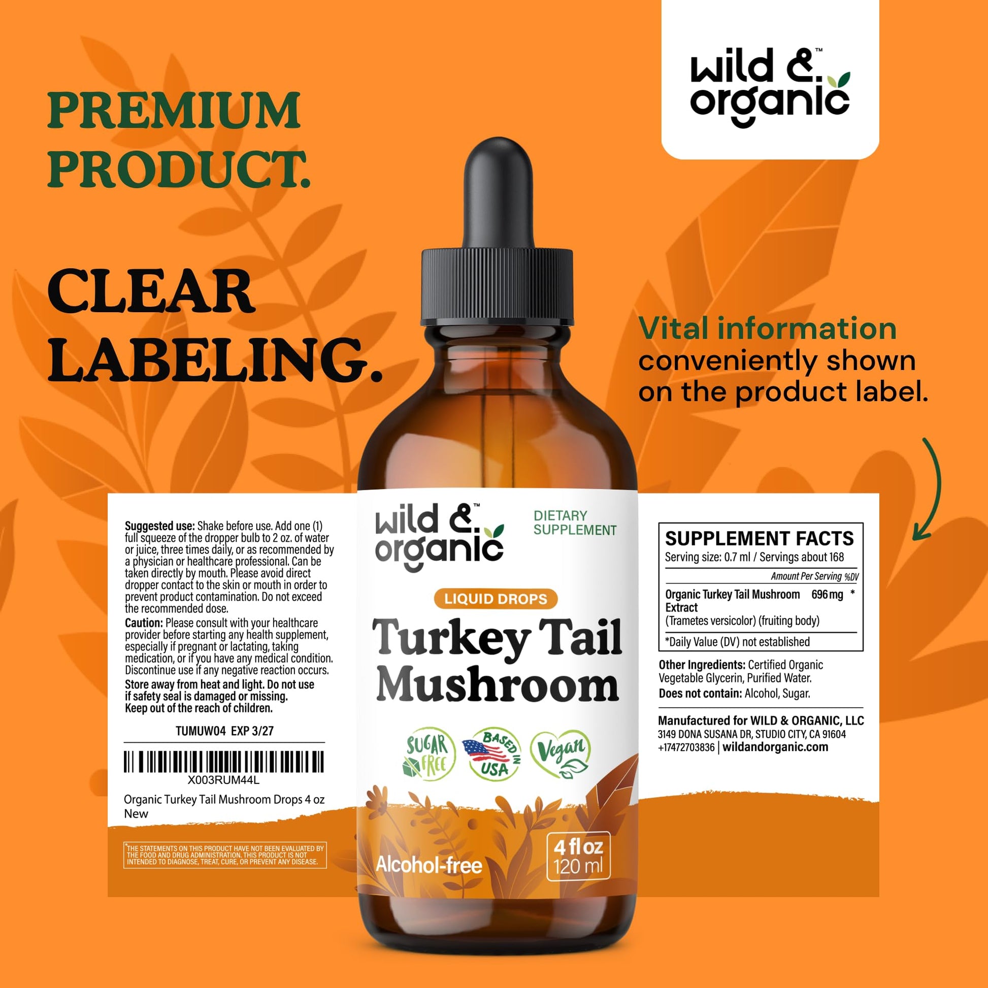 Wild & Organic Turkey Tail Mushroom Tincture - Immune Support Drops with Turkey Tail Extract - Liquid Mushroom Supplement for Gut Support - Vegan, Sugar & Alcohol-Free - 4 fl oz - PrimeBioHealth - canada supplements