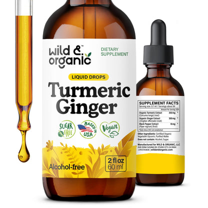 Wild & Organic Turmeric and Ginger Supplement - Movement & Immune Support - Liquid Turmeric Curcumin with Black Pepper and Ginger - Add to Tea Drops - Vegan, Sugar & Alcohol-Free Tincture - 4 oz - PrimeBioHealth - canada supplements