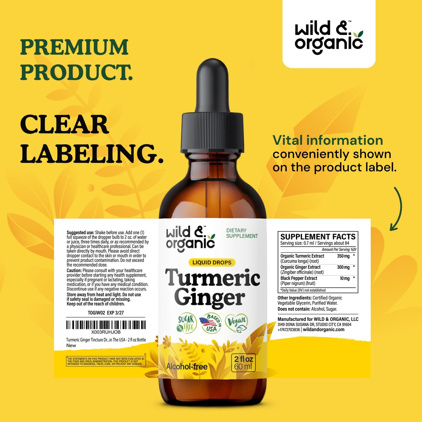 Wild & Organic Turmeric and Ginger Supplement - Movement & Immune Support - Liquid Turmeric Curcumin with Black Pepper and Ginger - Add to Tea Drops - Vegan, Sugar & Alcohol-Free Tincture - 4 oz - PrimeBioHealth - canada supplements