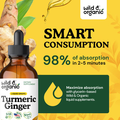Wild & Organic Turmeric and Ginger Supplement - Movement & Immune Support - Liquid Turmeric Curcumin with Black Pepper and Ginger - Add to Tea Drops - Vegan, Sugar & Alcohol-Free Tincture - 4 oz - PrimeBioHealth - canada supplements