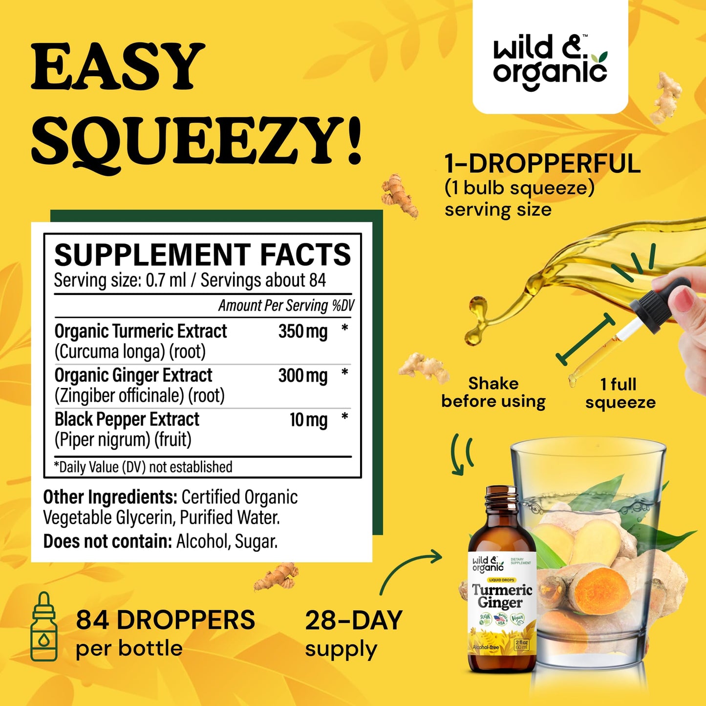 Wild & Organic Turmeric and Ginger Supplement - Movement & Immune Support - Liquid Turmeric Curcumin with Black Pepper and Ginger - Add to Tea Drops - Vegan, Sugar & Alcohol-Free Tincture - 4 oz - PrimeBioHealth - canada supplements