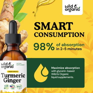 Wild & Organic Turmeric and Ginger Supplement - Movement & Immune Support - Liquid Turmeric Curcumin with Black Pepper and Ginger - Add to Tea Drops - Vegan, Sugar & Alcohol-Free Tincture - 4 oz - PrimeBioHealth - canada supplements