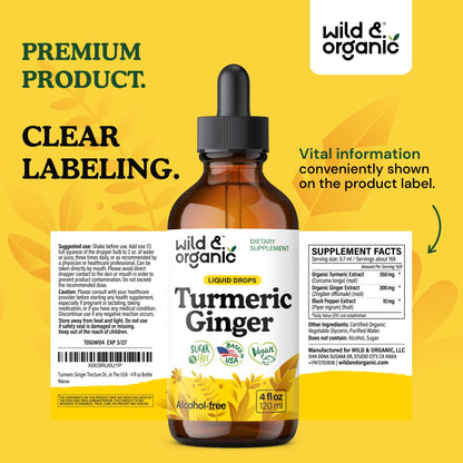 Wild & Organic Turmeric and Ginger Supplement - Movement & Immune Support - Liquid Turmeric Curcumin with Black Pepper and Ginger - Add to Tea Drops - Vegan, Sugar & Alcohol-Free Tincture - 4 oz - PrimeBioHealth - canada supplements