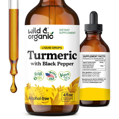 Wild & Organic Turmeric Supplement Liquid Drops - Movement & Immune Support - Liquid Turmeric with Black Pepper Extract - Add to Tea Tincture - Curcumin Supplements - Sugar & Alcohol-Free - 4 fl oz - PrimeBioHealth - canada supplements