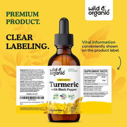 Wild & Organic Turmeric Supplement Liquid Drops - Movement & Immune Support - Liquid Turmeric with Black Pepper Extract - Add to Tea Tincture - Curcumin Supplements - Sugar & Alcohol-Free - 4 fl oz - PrimeBioHealth - canada supplements