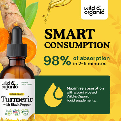 Wild & Organic Turmeric Supplement Liquid Drops - Movement & Immune Support - Liquid Turmeric with Black Pepper Extract - Add to Tea Tincture - Curcumin Supplements - Sugar & Alcohol-Free - 4 fl oz - PrimeBioHealth - canada supplements