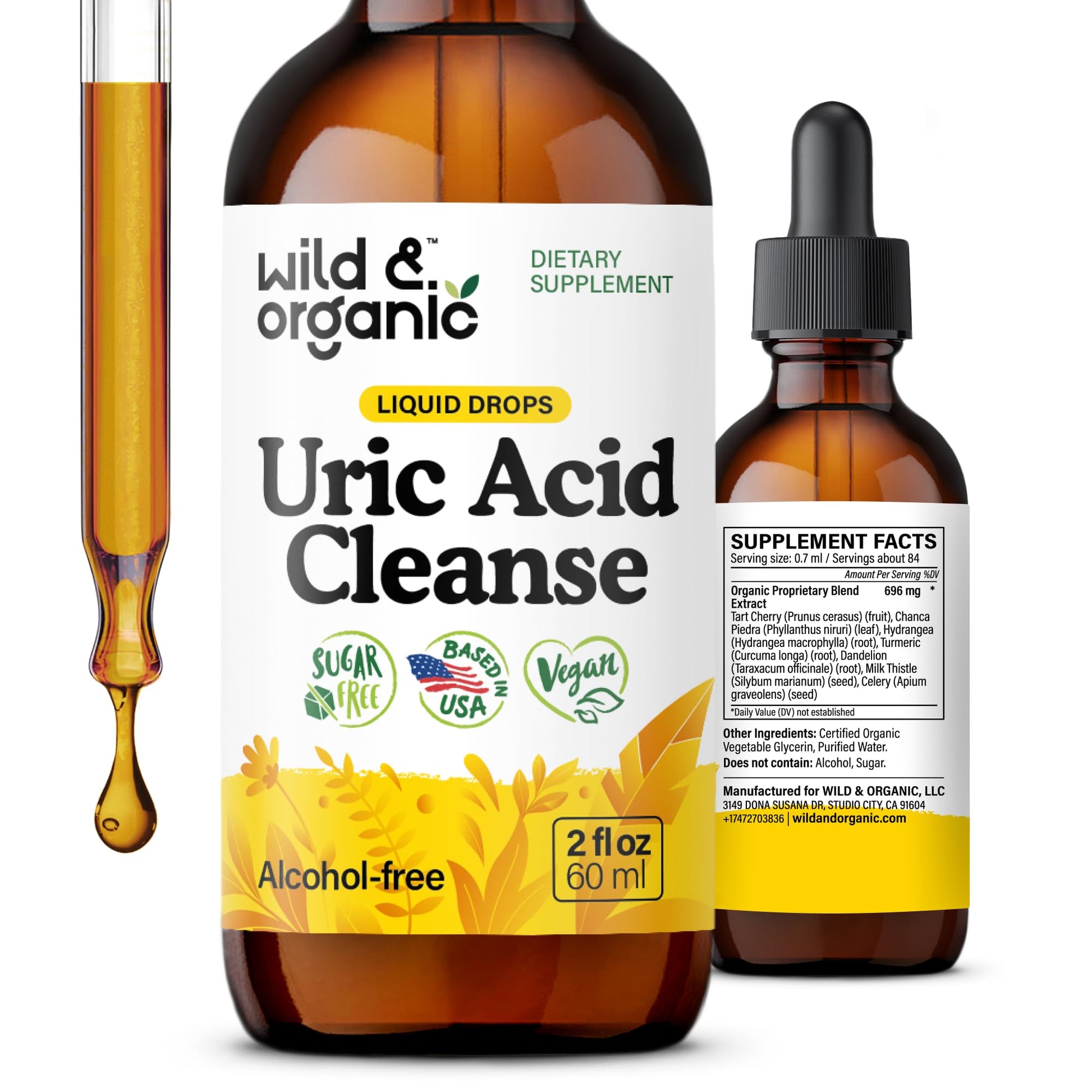 Wild & Organic Uric Acid Cleanse Liquid Drops - Tart Cherry, Turmeric, Celery, Chanca Piedra, Dandelion Root Extract Complex - Uric Acid Supplement - Vegan, Sugar & Alcohol-Free Tincture - 4 fl oz - PrimeBioHealth - canada supplements