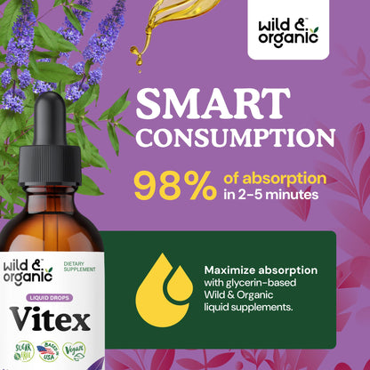 Wild & Organic Vitex Tincture - Mood & Perimenopause Support - Vitex Chasteberry Supplement for Women - Liquid Chaste Tree Berry Extract - Vegan, Sugar & Alcohol-Free Herb Drops - 4 fl oz - PrimeBioHealth - canada supplements