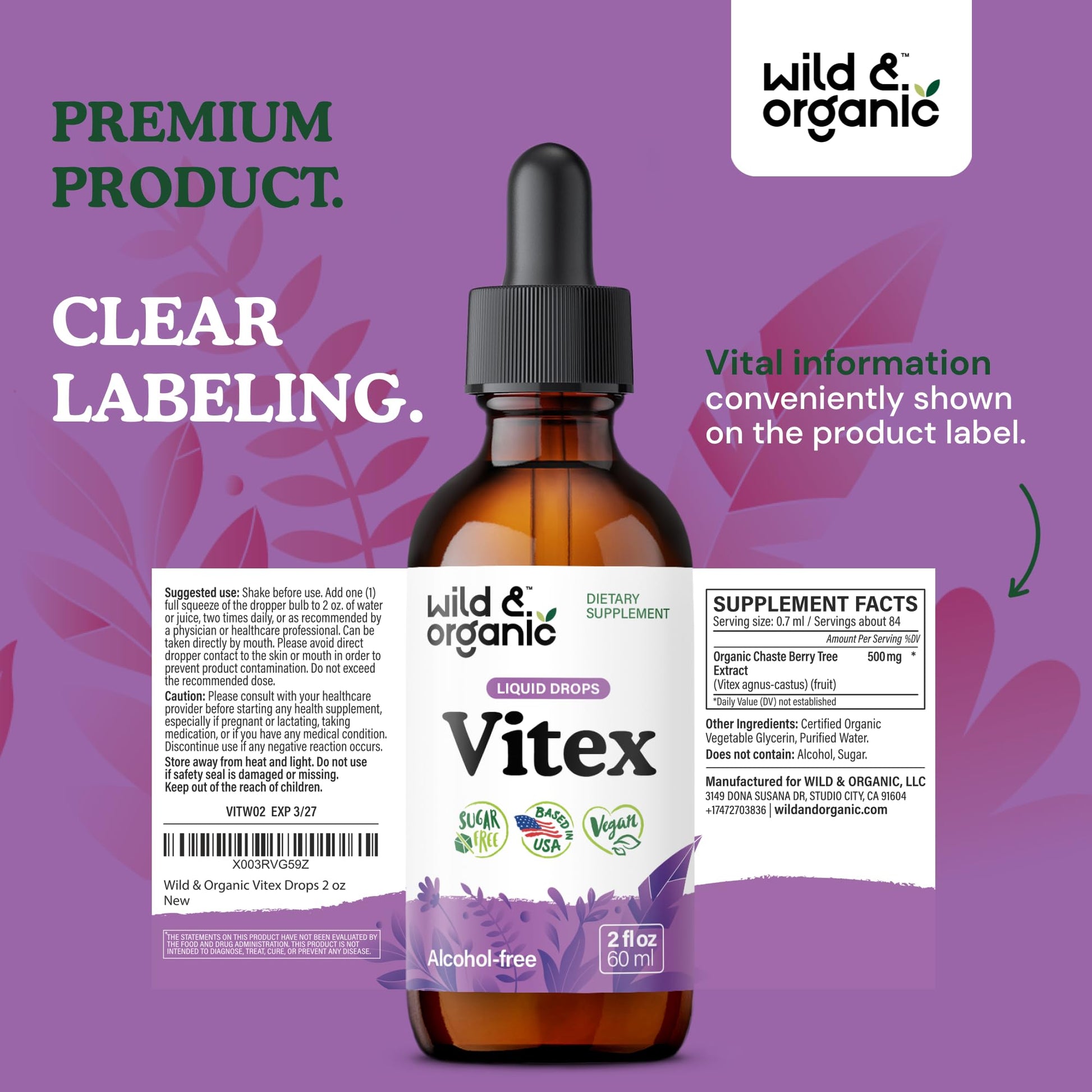 Wild & Organic Vitex Tincture - Mood & Perimenopause Support - Vitex Chasteberry Supplement for Women - Liquid Chaste Tree Berry Extract - Vegan, Sugar & Alcohol-Free Herb Drops - 4 fl oz - PrimeBioHealth - canada supplements