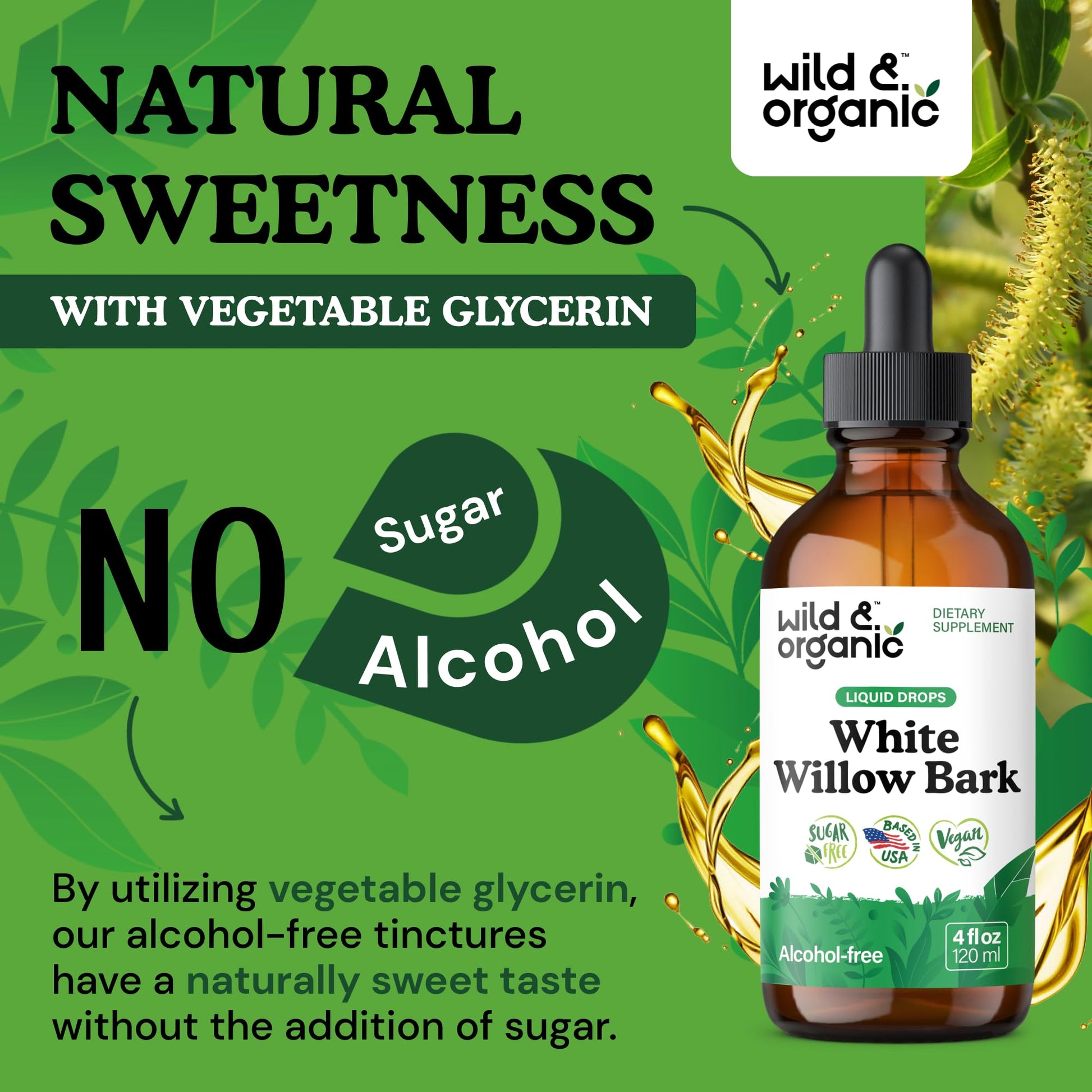 Wild & Organic White Willow Bark Tincture - Liquid Supplement for Overall Support - Alcohol & Sugar-Free White Willow Extract Drops - Salix Alba Bark - Vegan, No Additives - 4 fl oz - PrimeBioHealth - canada supplements