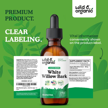Wild & Organic White Willow Bark Tincture - Liquid Supplement for Overall Support - Alcohol & Sugar-Free White Willow Extract Drops - Salix Alba Bark - Vegan, No Additives - 4 fl oz - PrimeBioHealth - canada supplements