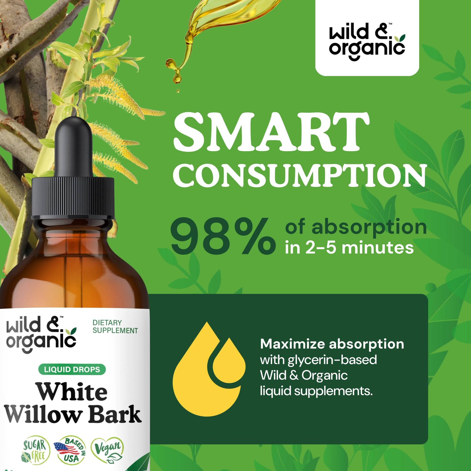 Wild & Organic White Willow Bark Tincture - Liquid Supplement for Overall Support - Alcohol & Sugar-Free White Willow Extract Drops - Salix Alba Bark - Vegan, No Additives - 4 fl oz - PrimeBioHealth - canada supplements
