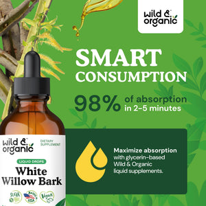 Wild & Organic White Willow Bark Tincture - Liquid Supplement for Overall Support - Alcohol & Sugar-Free White Willow Extract Drops - Salix Alba Bark - Vegan, No Additives - 4 fl oz - PrimeBioHealth - canada supplements