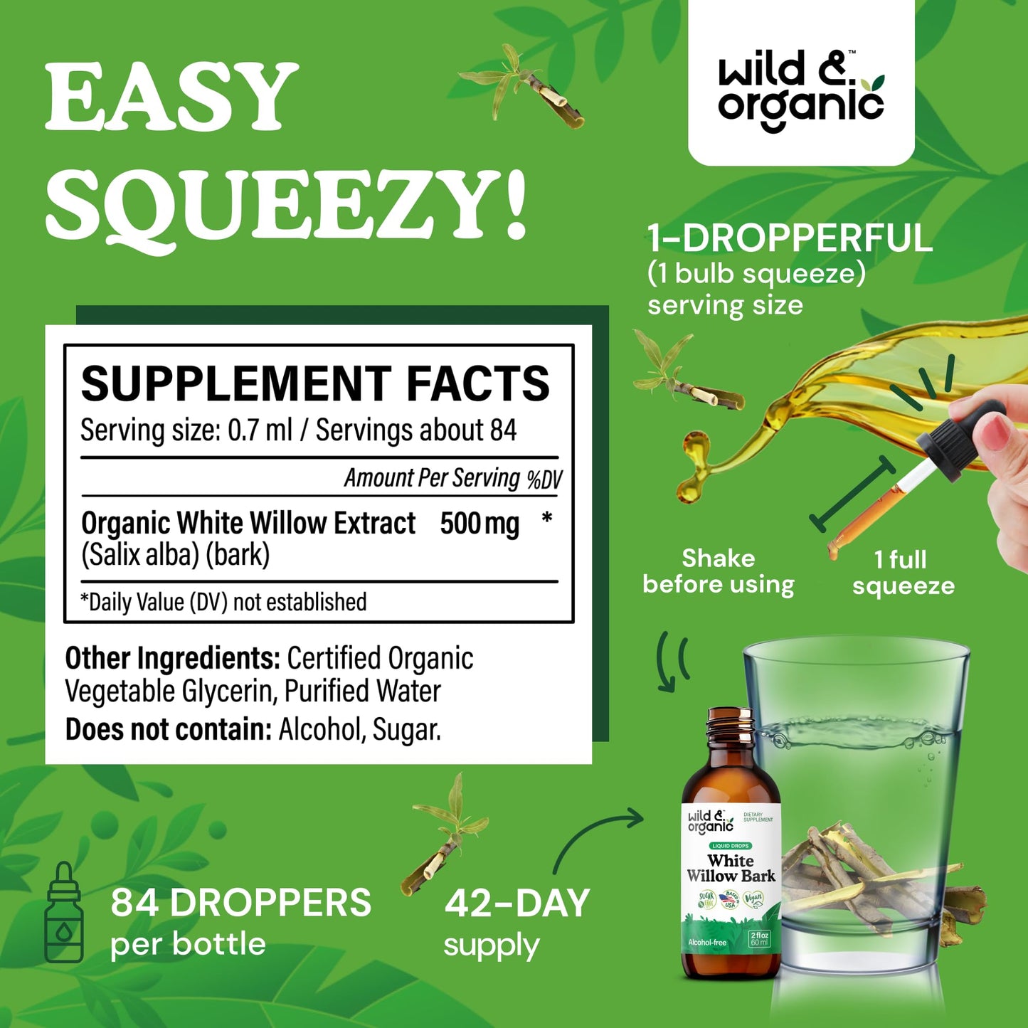 Wild & Organic White Willow Bark Tincture - Liquid Supplement for Overall Support - Alcohol & Sugar-Free White Willow Extract Drops - Salix Alba Bark - Vegan, No Additives - 4 fl oz - PrimeBioHealth - canada supplements