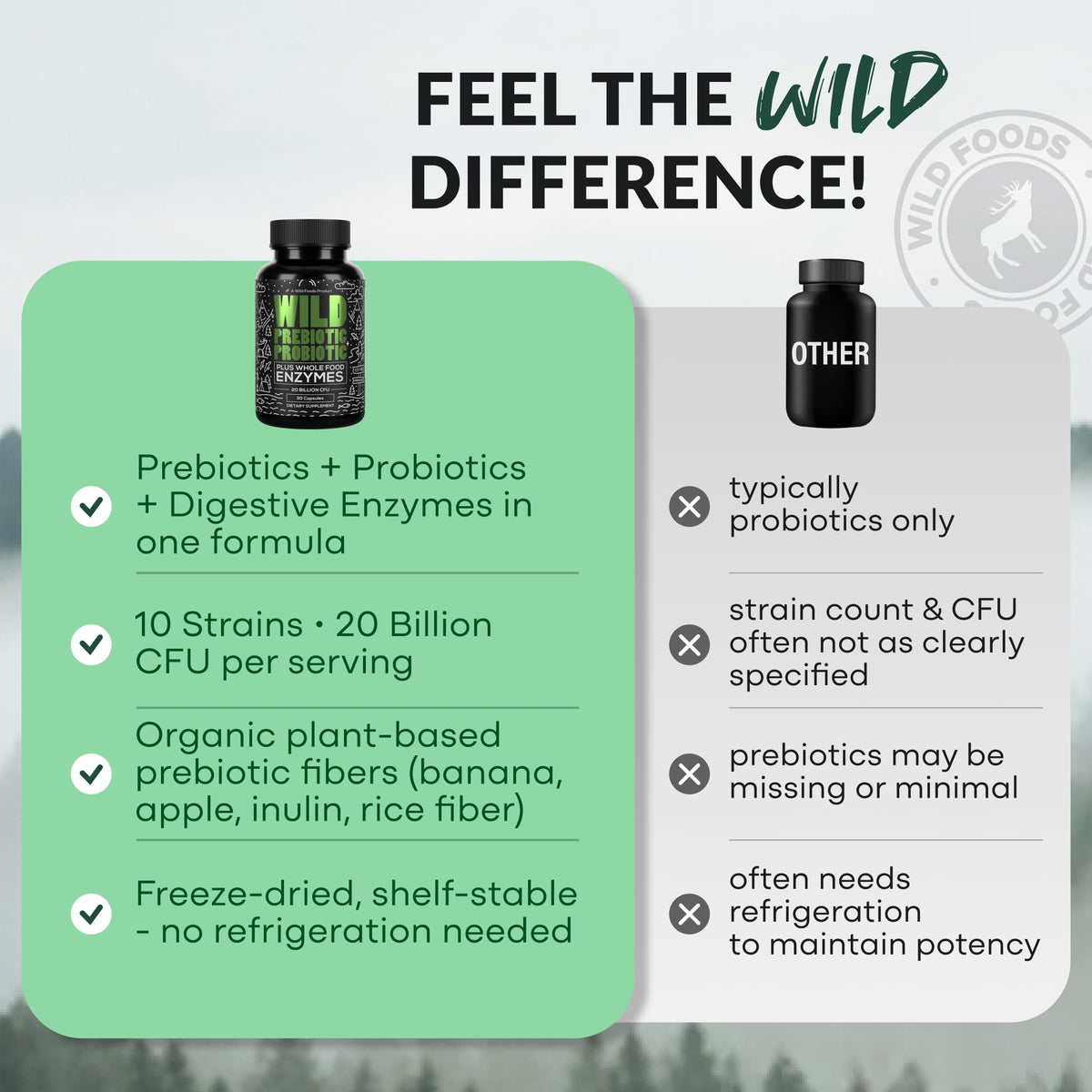 Wild Prebiotics and Probiotics with Digestive Enzymes | 20 Billion CFU - 10 Strains for Women & Men | Support Gut Health & Digestion Supplements | Non-GMO Prebiotic Fiber | 30 Capsules - PrimeBioHealth - canada supplements