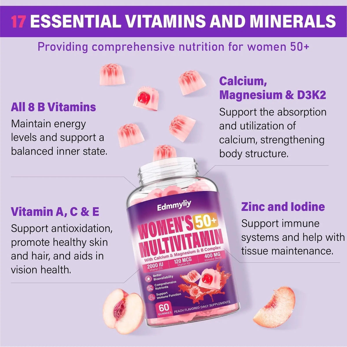 Womens Multivitamin Gummy 50 and Over - Chewable Multi Vitamin A, C, D3, E, K2 & B Complex, Folate, Biotin, Calcium, Magnesium - PrimeBioHealth - canada supplements