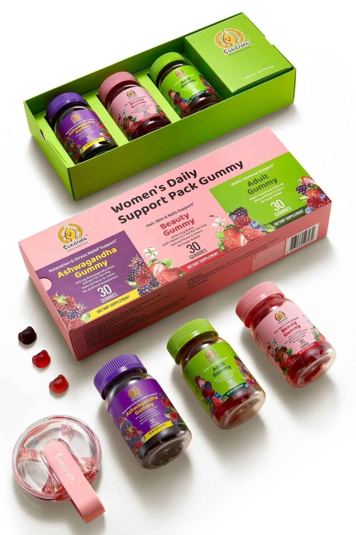 Women's Multivitamin Gummy Pack, 3 Support for Hair Skin Nails Sleep Daily Health, Vitamins A, D, C, E, Biotin, Ashwagandha