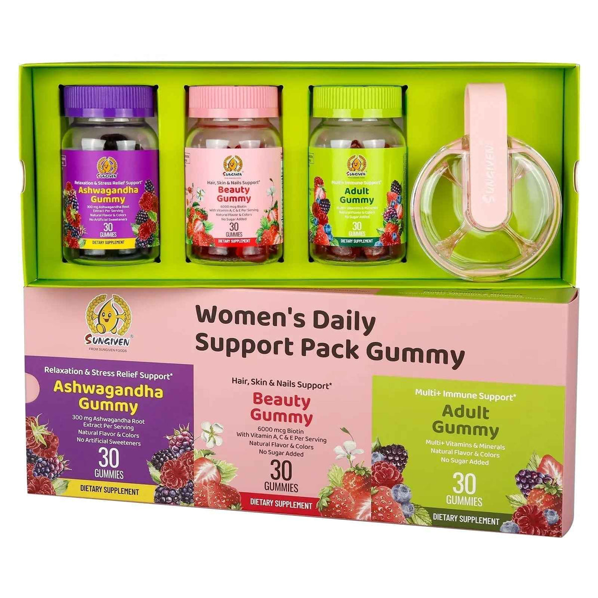 Women's Multivitamin Gummy Pack, 3 Support for Hair Skin Nails Sleep Daily Health, Vitamins A, D, C, E, Biotin, Ashwagandha