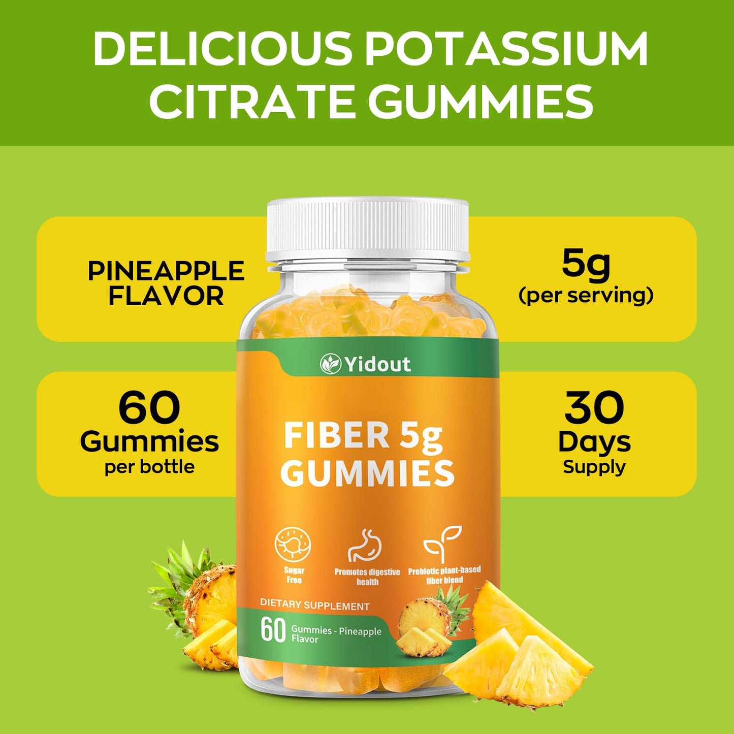 Yidout Fiber Gummies for Adults with Probiotics，No Sugar Added Pineapple Flavor, Promotes Gut Health and Regulate Bowel Movement, Vegan (60 Count（Pack of 1）) - PrimeBioHealth - canada supplements
