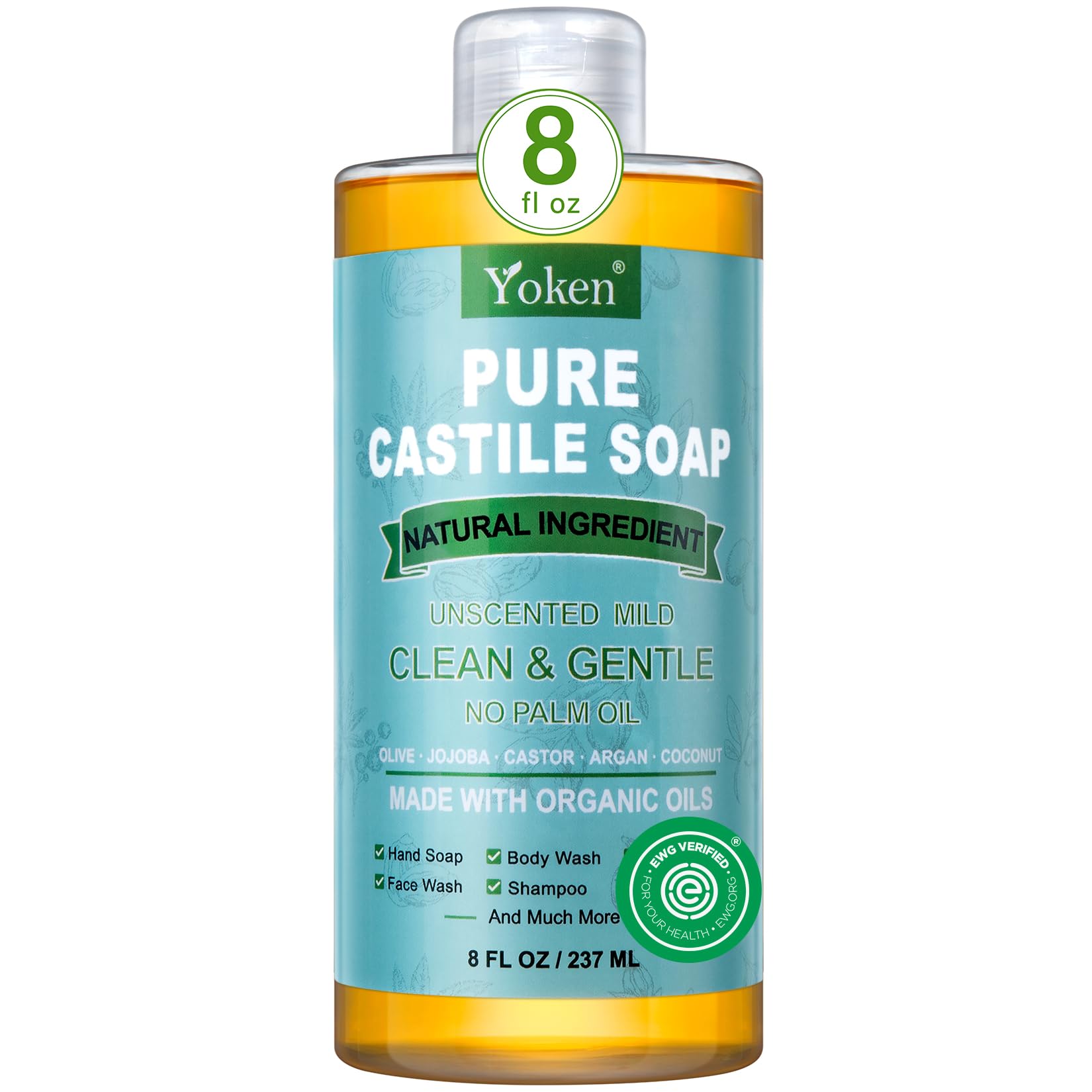 Yoken Pure Castile Liquid Soap Organic (EWG Verified, Unscented, 8 OZ), Made with Organic Oils, No Added Fragrance, Vegan, Castile Soap Liquid for Face - PrimeBioHealth - canada supplements