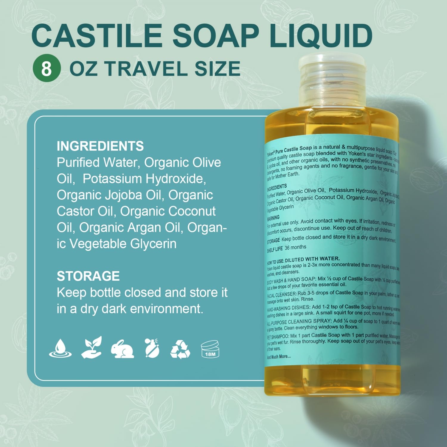 Yoken Pure Castile Liquid Soap Organic (EWG Verified, Unscented, 8 OZ), Made with Organic Oils, No Added Fragrance, Vegan, Castile Soap Liquid for Face - PrimeBioHealth - canada supplements
