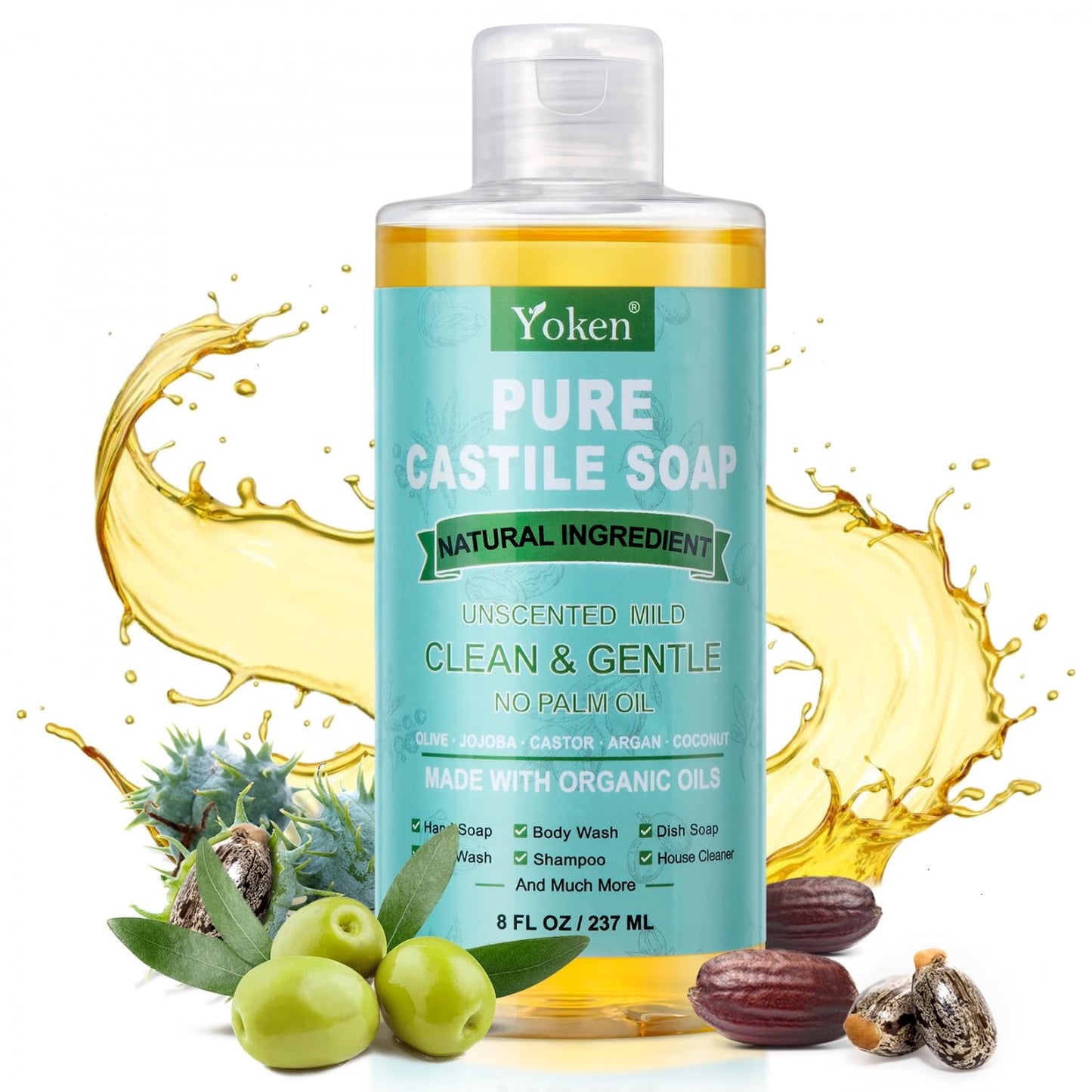 Yoken Pure Castile Liquid Soap Organic (EWG Verified, Unscented, 8 OZ), Made with Organic Oils, No Added Fragrance, Vegan, Castile Soap Liquid for Face - PrimeBioHealth - canada supplements