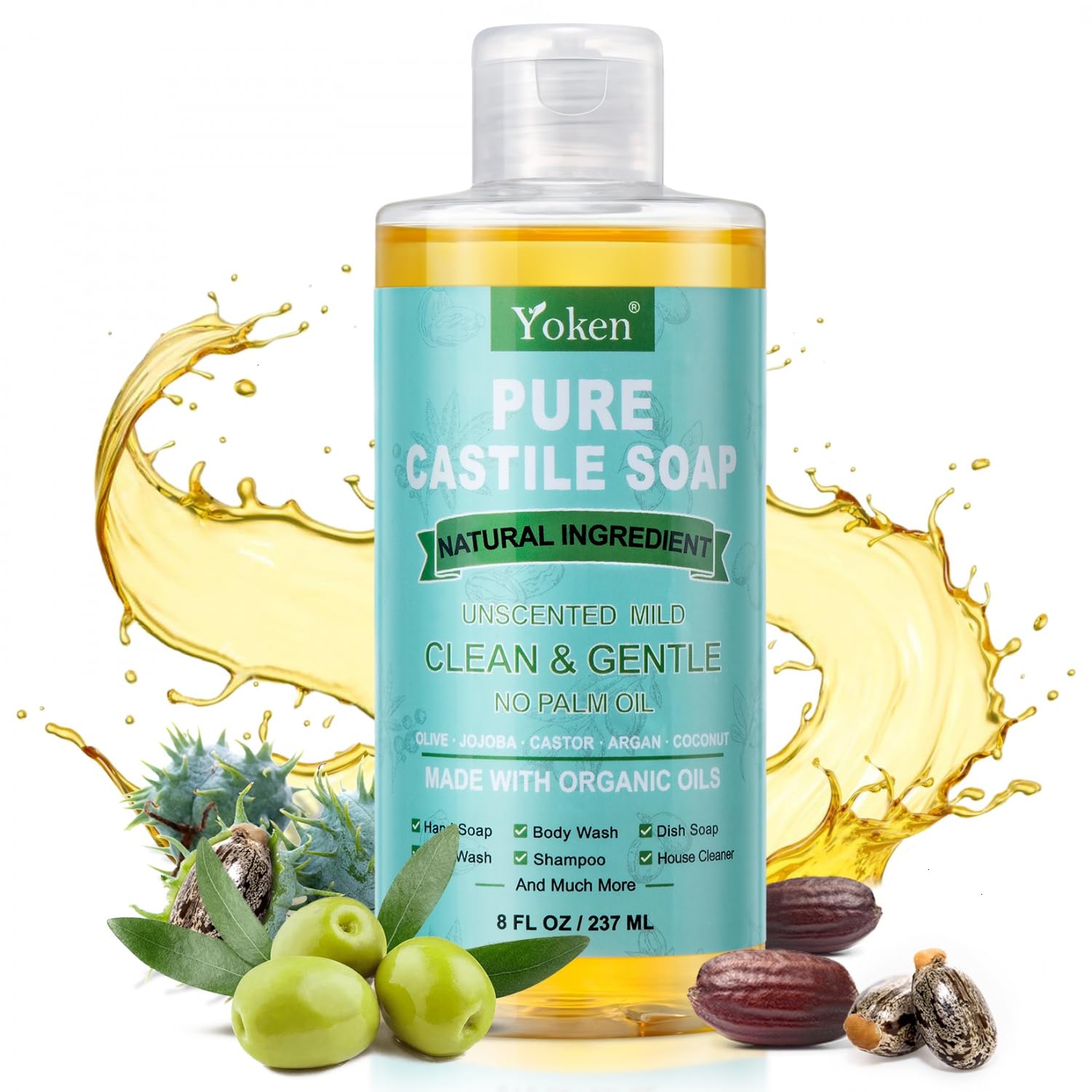 Yoken Pure Castile Liquid Soap Organic (EWG Verified, Unscented, 8 OZ), Made with Organic Oils, No Added Fragrance, Vegan, Castile Soap Liquid for Face - PrimeBioHealth - canada supplements