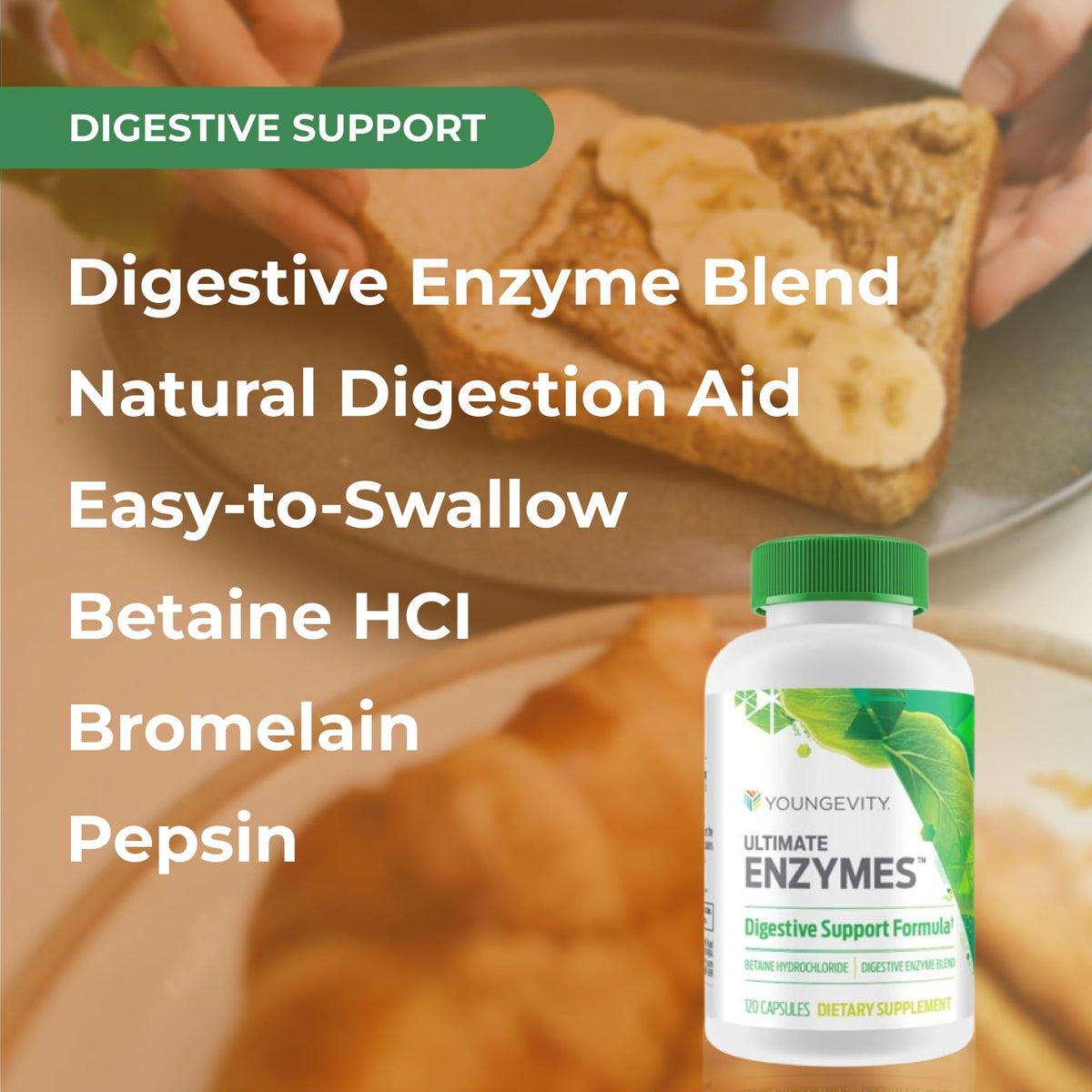 Youngevity Ultimate Enzymes® - Multi Enzymes for Digestion, Gas & Bloating Relief - Betaine HCl, Ox Bile, Pancreatine 10X, Papain 6M, Pepsin 1:3000 (120 Capsules) - PrimeBioHealth - canada supplements