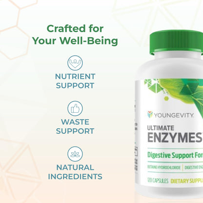 Youngevity Ultimate Enzymes® - Multi Enzymes for Digestion, Gas & Bloating Relief - Betaine HCl, Ox Bile, Pancreatine 10X, Papain 6M, Pepsin 1:3000 (120 Capsules) - PrimeBioHealth - canada supplements