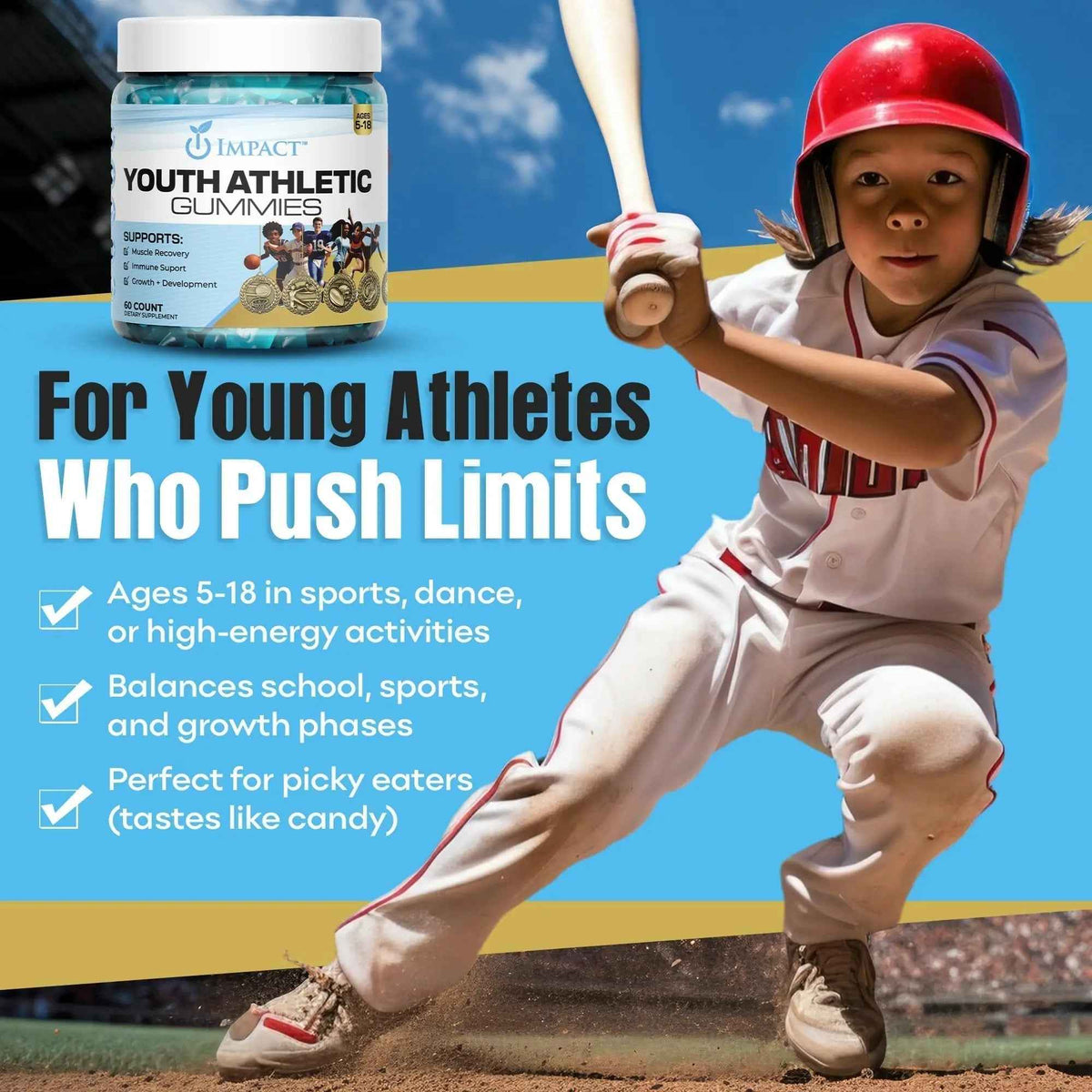 Youth Athletic Gummies – Kids Multivitamin Gummies with Essential Nutrients, Immune & Energy Support, Vegan & Gelatin-Free