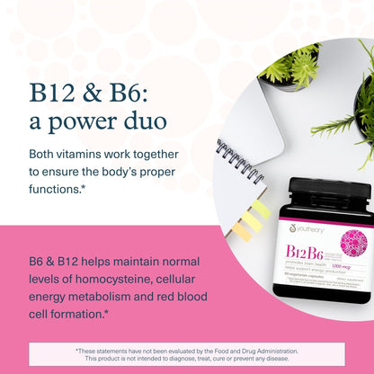 Youtheory B12B6 - Vitamin B12 & B6 - Supports Mood, Nervous System & Metabolism* - Aids Memory & Stress Management* - PrimeBioHealth - canada supplements