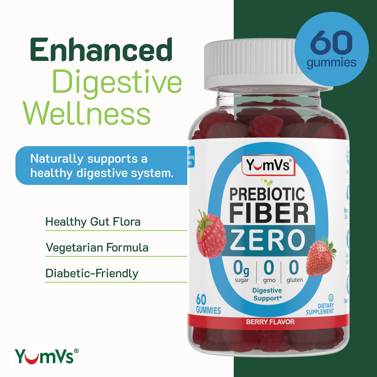 YumVs Sugar Free Prebiotic Fiber Gummies for Adults and Kids - Berry Flavor - Kosher Halal 4g High Fiber Supplement for Women and Men - PrimeBioHealth - canada supplements