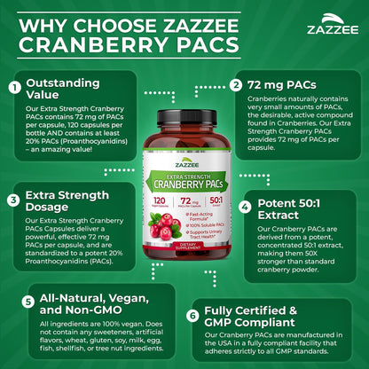 Zazzee Cranberry PACs 72 mg per Capsule, 50:1 Extract, 120 Vegan Capsules, 2X Strength, 4 Month Supply, Fast-Acting, Effective Urinary Tract & Bladder Support, 100% Soluble PACs, Made in the USA - PrimeBioHealth - canada supplements