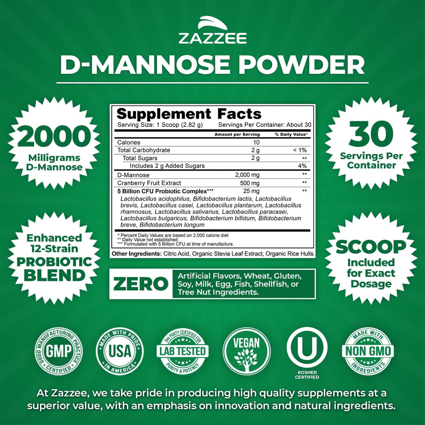 Zazzee D-Mannose Powder Plus, 2000 mg, 67 Servings, Plus 5 Billion CFU Probiotics and Pure Cranberry Juice Extract, Certified Kosher, Free Scoop, 6.67 oz, Urinary Tract Support, Non-GMO, All-Natural - PrimeBioHealth - canada supplements