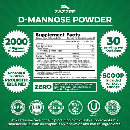 Zazzee D-Mannose Powder Plus, 2000 mg, 67 Servings, Plus 5 Billion CFU Probiotics and Pure Cranberry Juice Extract, Certified Kosher, Free Scoop, 6.67 oz, Urinary Tract Support, Non-GMO, All-Natural - PrimeBioHealth - canada supplements
