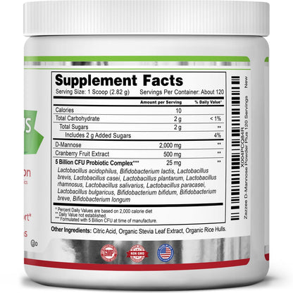 Zazzee D-Mannose Powder Plus, 2000 mg, 67 Servings, Plus 5 Billion CFU Probiotics and Pure Cranberry Juice Extract, Certified Kosher, Free Scoop, 6.67 oz, Urinary Tract Support, Non-GMO, All-Natural - PrimeBioHealth - canada supplements