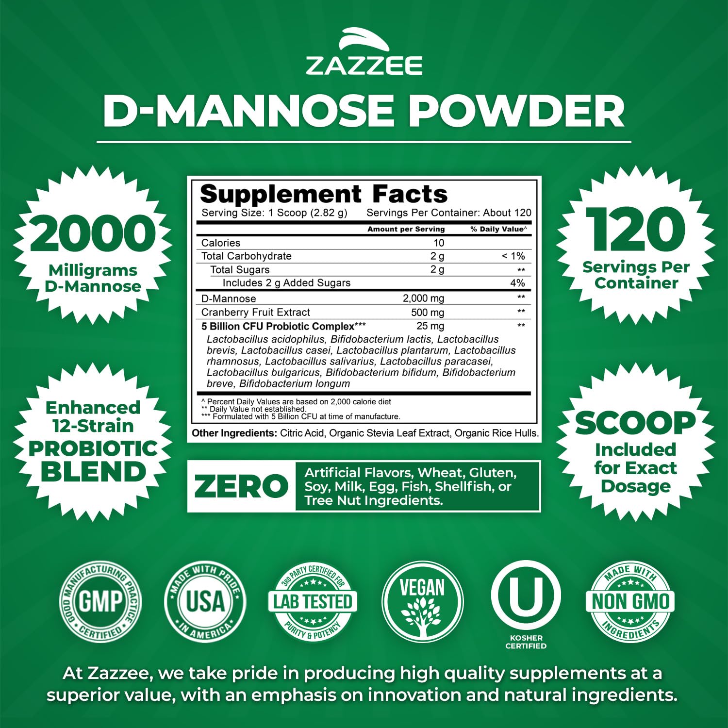 Zazzee D-Mannose Powder Plus, 2000 mg, 67 Servings, Plus 5 Billion CFU Probiotics and Pure Cranberry Juice Extract, Certified Kosher, Free Scoop, 6.67 oz, Urinary Tract Support, Non-GMO, All-Natural - PrimeBioHealth - canada supplements