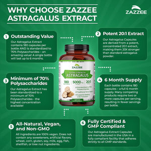 Zazzee Extra Strength Astragalus Root 20:1 Extract, 70% Polysaccharides, 180 Vegan Capsules, 6 Month Supply, Astragalus Membranaceus, Immune System Support, Non-GMO, Herbal Supplement, Made in the USA - PrimeBioHealth - canada supplements