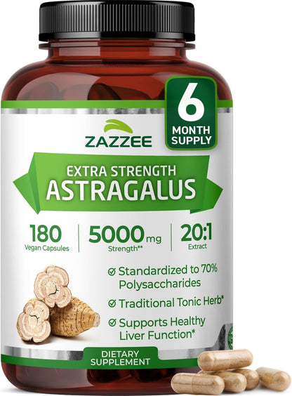 Zazzee Extra Strength Astragalus Root 20:1 Extract, 70% Polysaccharides, 180 Vegan Capsules, 6 Month Supply, Astragalus Membranaceus, Immune System Support, Non-GMO, Herbal Supplement, Made in the USA - PrimeBioHealth - canada supplements