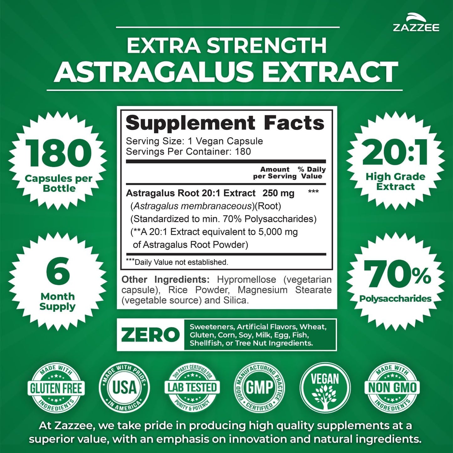 Zazzee Extra Strength Astragalus Root 20:1 Extract, 70% Polysaccharides, 180 Vegan Capsules, 6 Month Supply, Astragalus Membranaceus, Immune System Support, Non-GMO, Herbal Supplement, Made in the USA - PrimeBioHealth - canada supplements