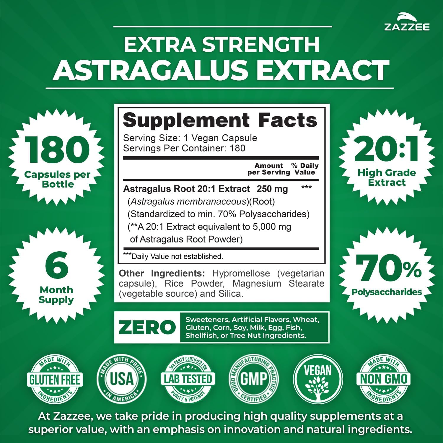 Zazzee Extra Strength Astragalus Root 20:1 Extract, 70% Polysaccharides, 180 Vegan Capsules, 6 Month Supply, Astragalus Membranaceus, Immune System Support, Non-GMO, Herbal Supplement, Made in the USA - PrimeBioHealth - canada supplements