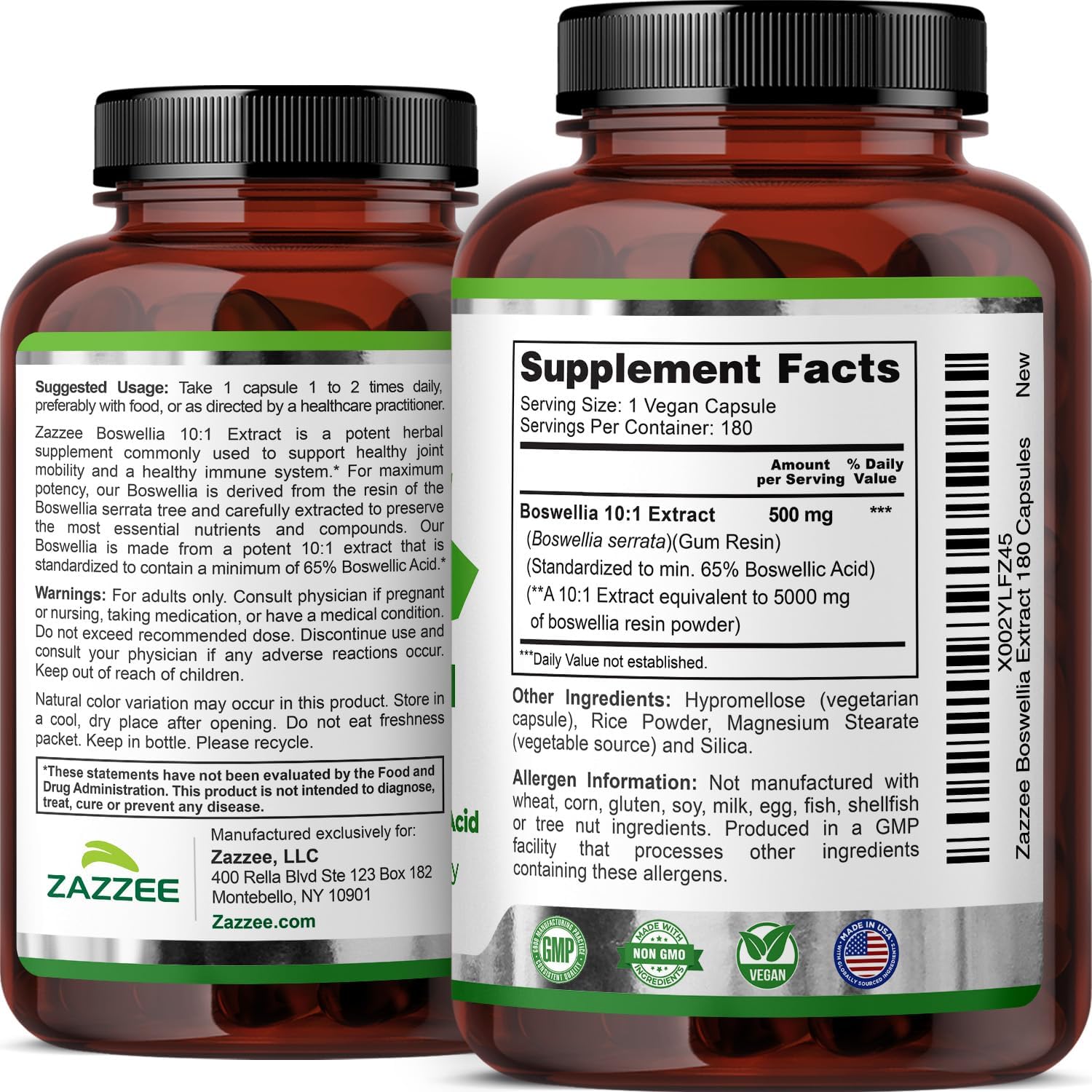 Zazzee Extra Strength Boswellia 10:1 Extract, 65% Boswellic Acid, 180 Vegan Capsules, 6 Month Supply, Boswellia Serrata, Joint Comfort, Mobility & Flexibility Support, Non-GMO, Made in the USA - PrimeBioHealth - canada supplements