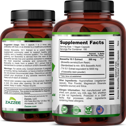 Zazzee Extra Strength Boswellia 10:1 Extract, 65% Boswellic Acid, 180 Vegan Capsules, 6 Month Supply, Boswellia Serrata, Joint Comfort, Mobility & Flexibility Support, Non-GMO, Made in the USA - PrimeBioHealth - canada supplements